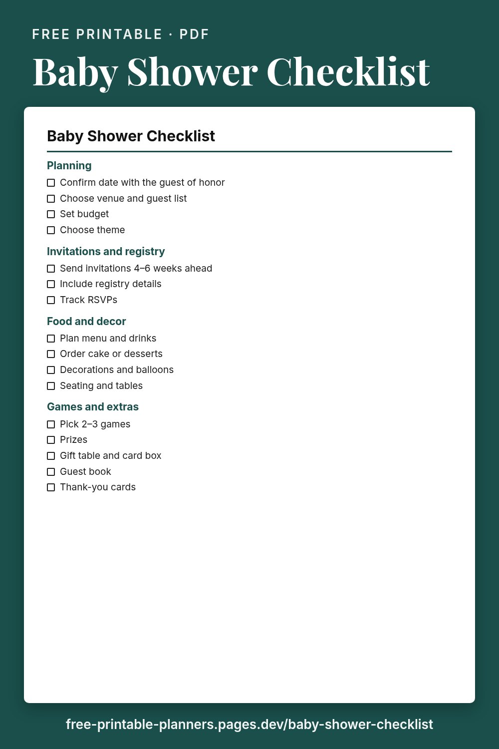 Preview of the free printable baby shower checklist page