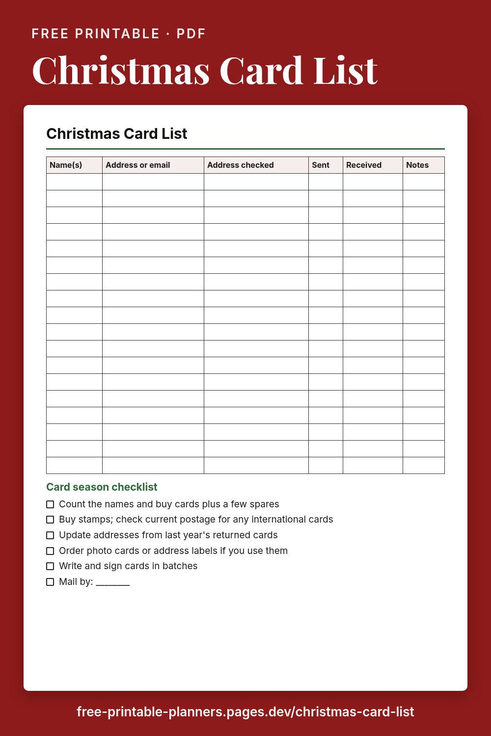 Preview of the free printable christmas card list page