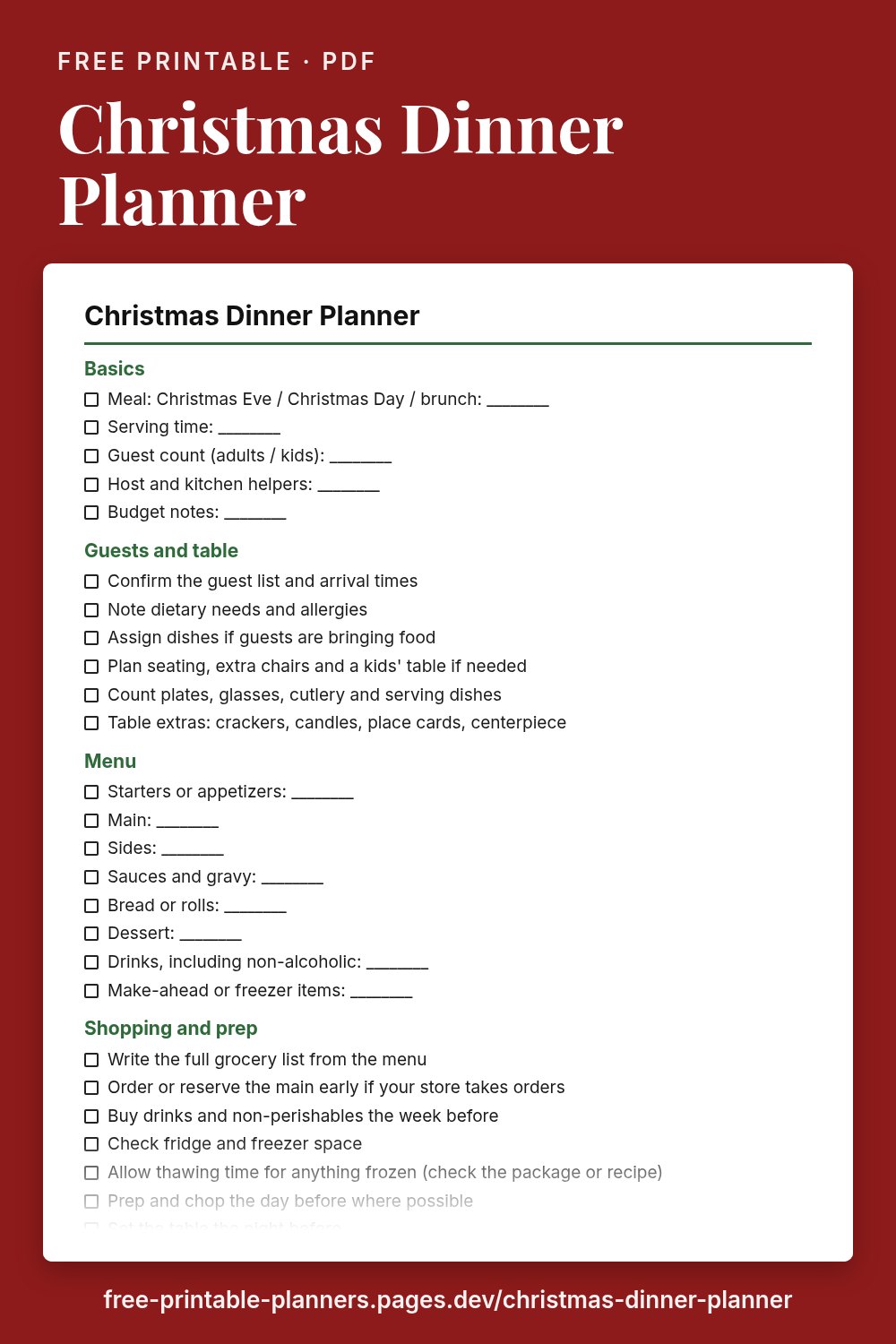 Preview of the free printable christmas dinner planner page