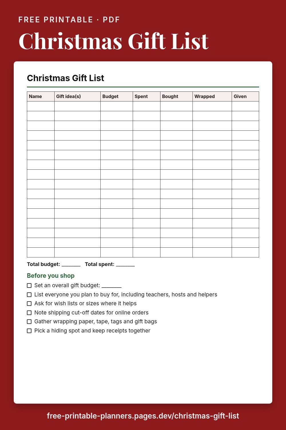 Preview of the free printable christmas gift list page