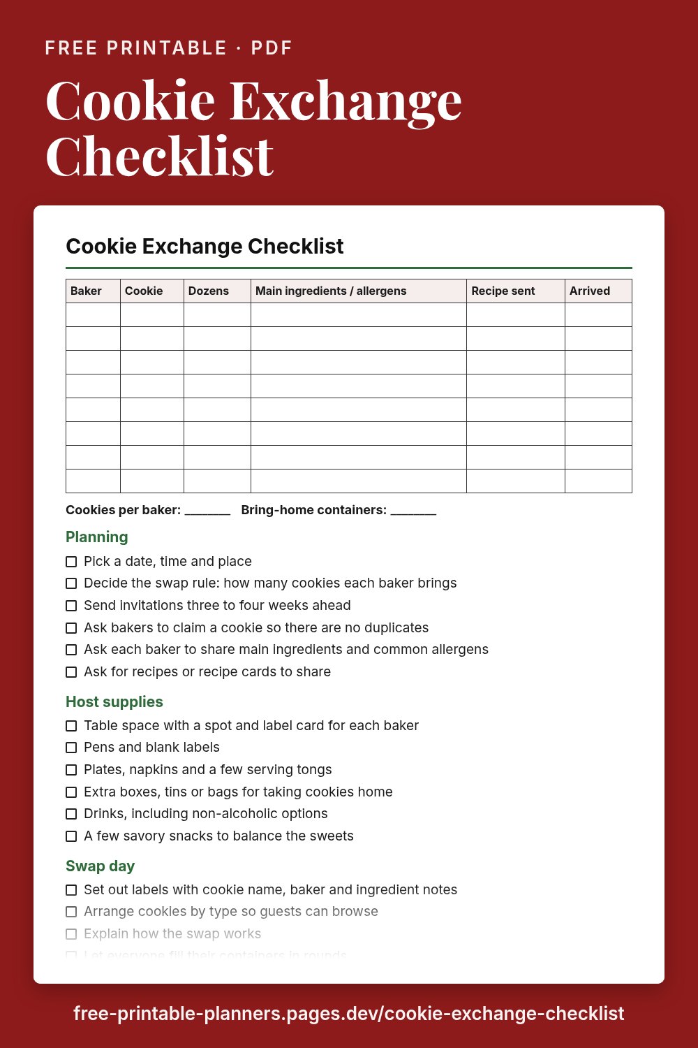 Preview of the free printable cookie exchange checklist page