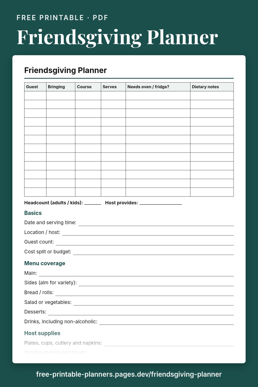 Preview of the free printable friendsgiving planner page