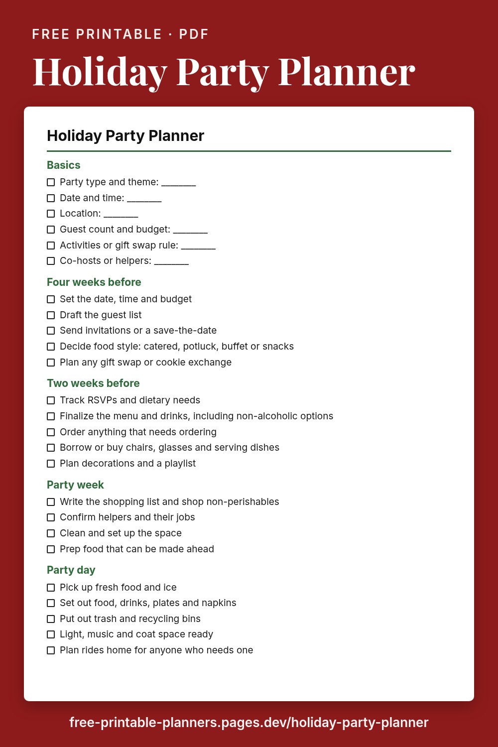 Preview of the free printable holiday party planner page