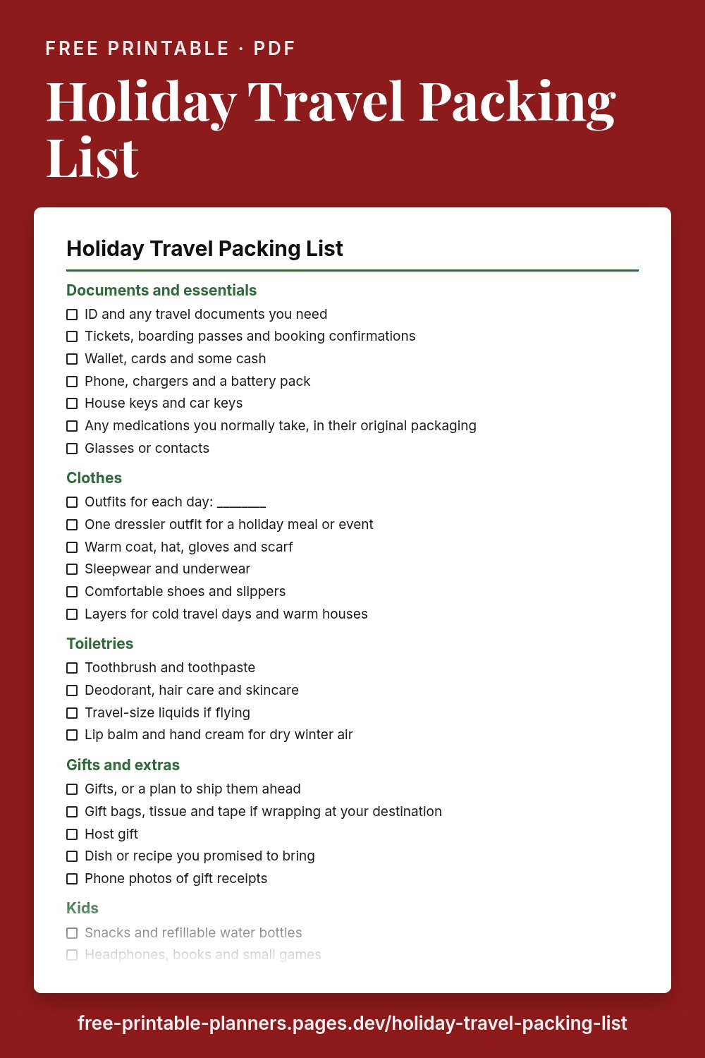 Preview of the free printable holiday travel packing list page
