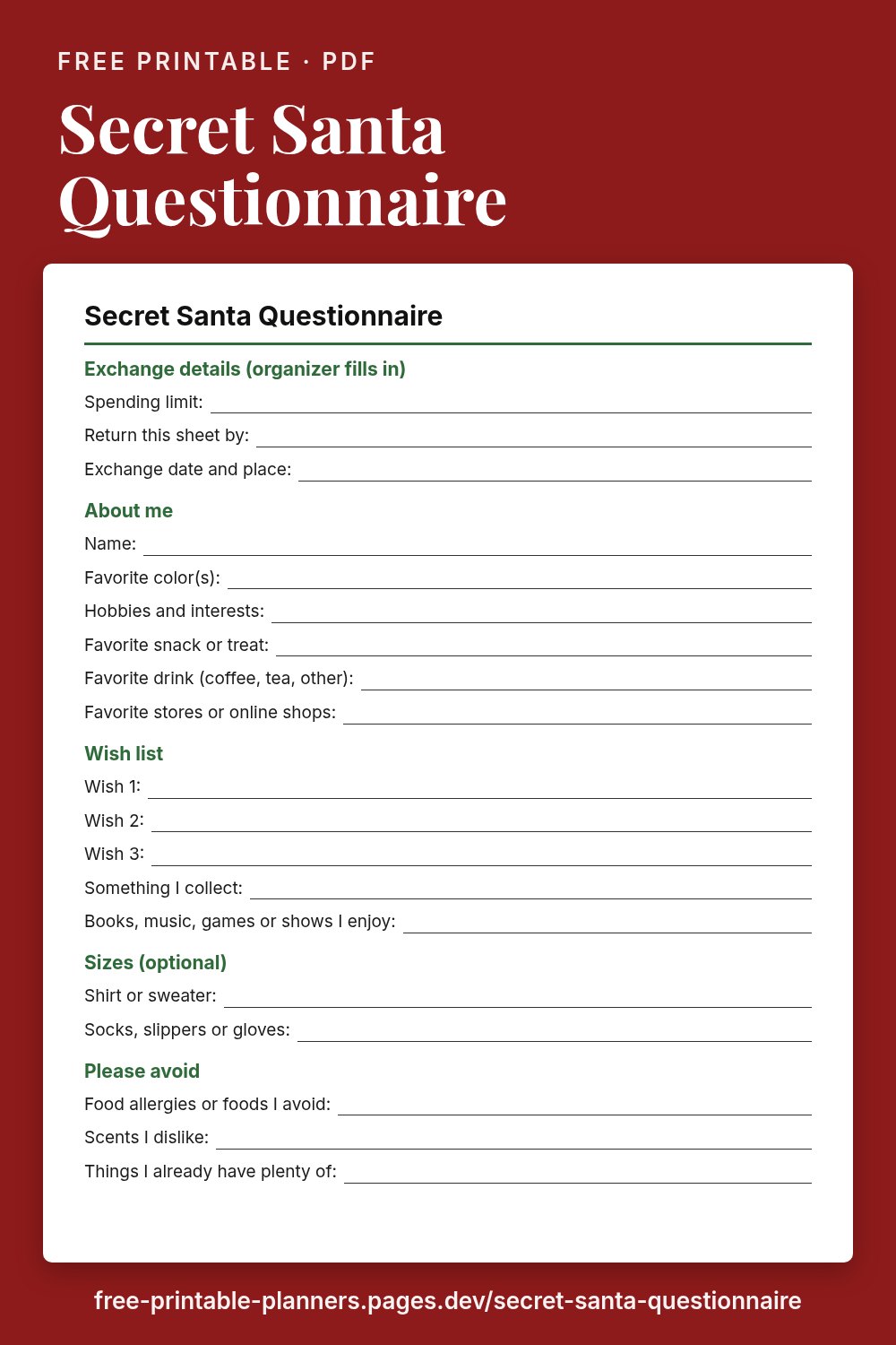 Preview of the free printable secret santa questionnaire page